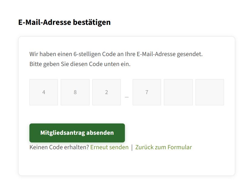Eingabe des sechsstelligen Bestätigungscodes vor dem Absenden des Mitgliedsantrags