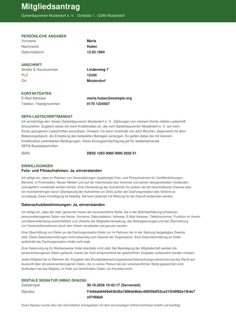 Erste Seite des PDF zum Mitgliedsantrag mit persönlichen Angaben, Anschrift, Kontaktdaten und SEPA-Mandat