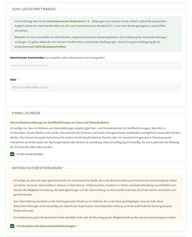 Abschnitte für SEPA-Lastschriftmandat mit IBAN, Einwilligung zu Fotos und Datenschutzbestimmungen