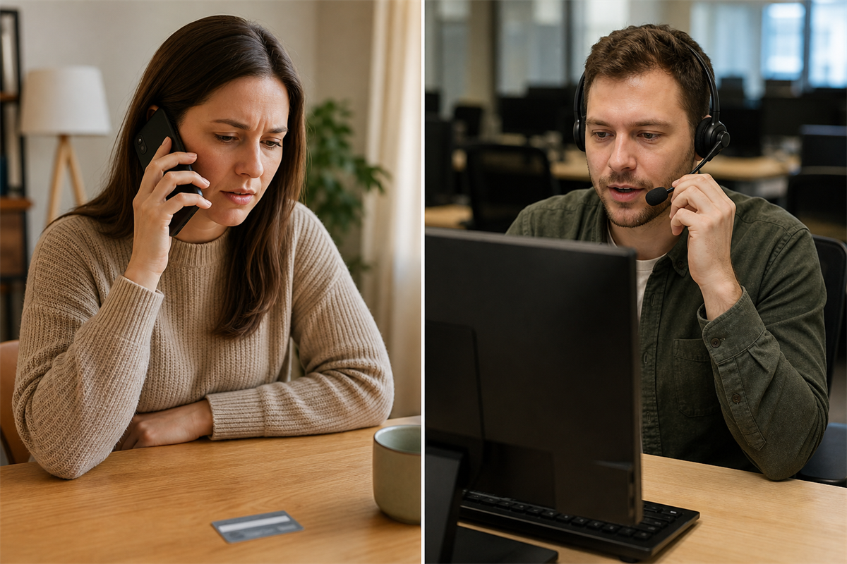 Illustration: Split-Bild, links die Kundenseite am Telefon, rechts die Täterseite im Callcenter, als Sinnbild für den Anruf eines vermeintlichen Bankmitarbeiters