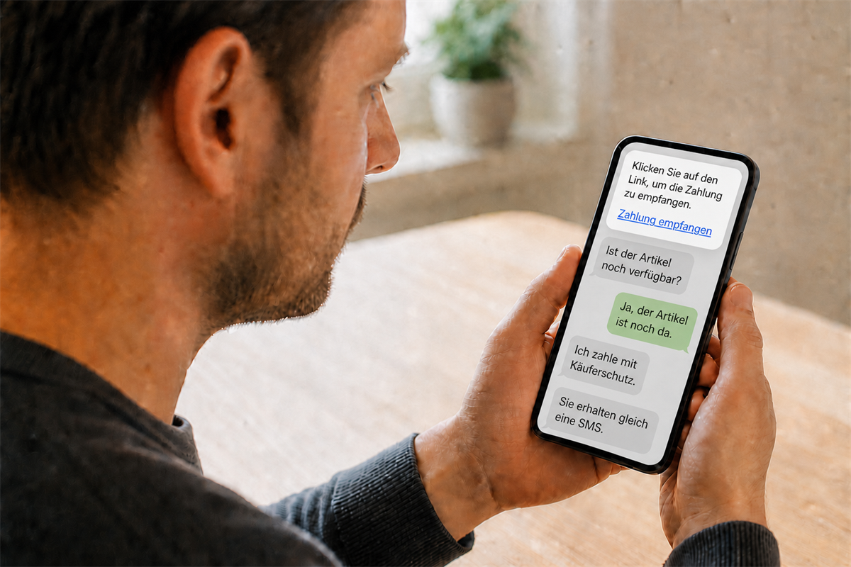 Illustration: Person betrachtet skeptisch eine SMS-Benachrichtigung mit einem Sicher-Bezahlen-Link, während im Hintergrund eine Kleinanzeigen-Chat-Unterhaltung geöffnet ist