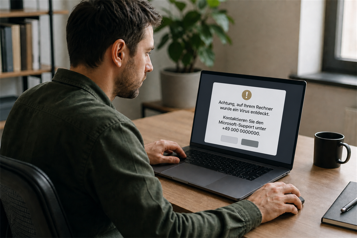 Illustration: Person betrachtet skeptisch ein Pop-up-Warnfenster auf dem Laptop-Bildschirm