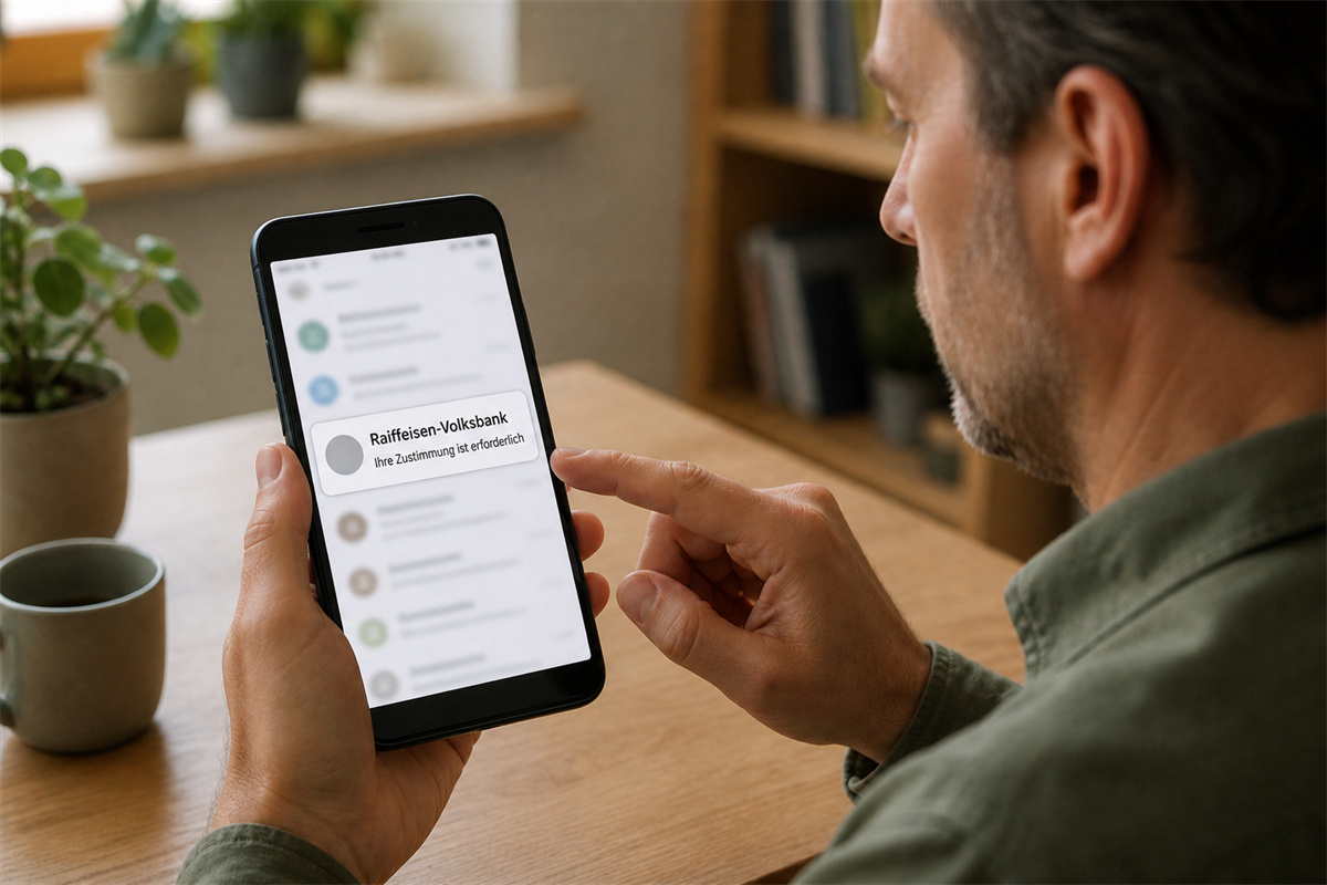 Illustration: Person betrachtet skeptisch eine verdächtige Nachricht auf dem Smartphone, ohne auf einen Link zu tippen