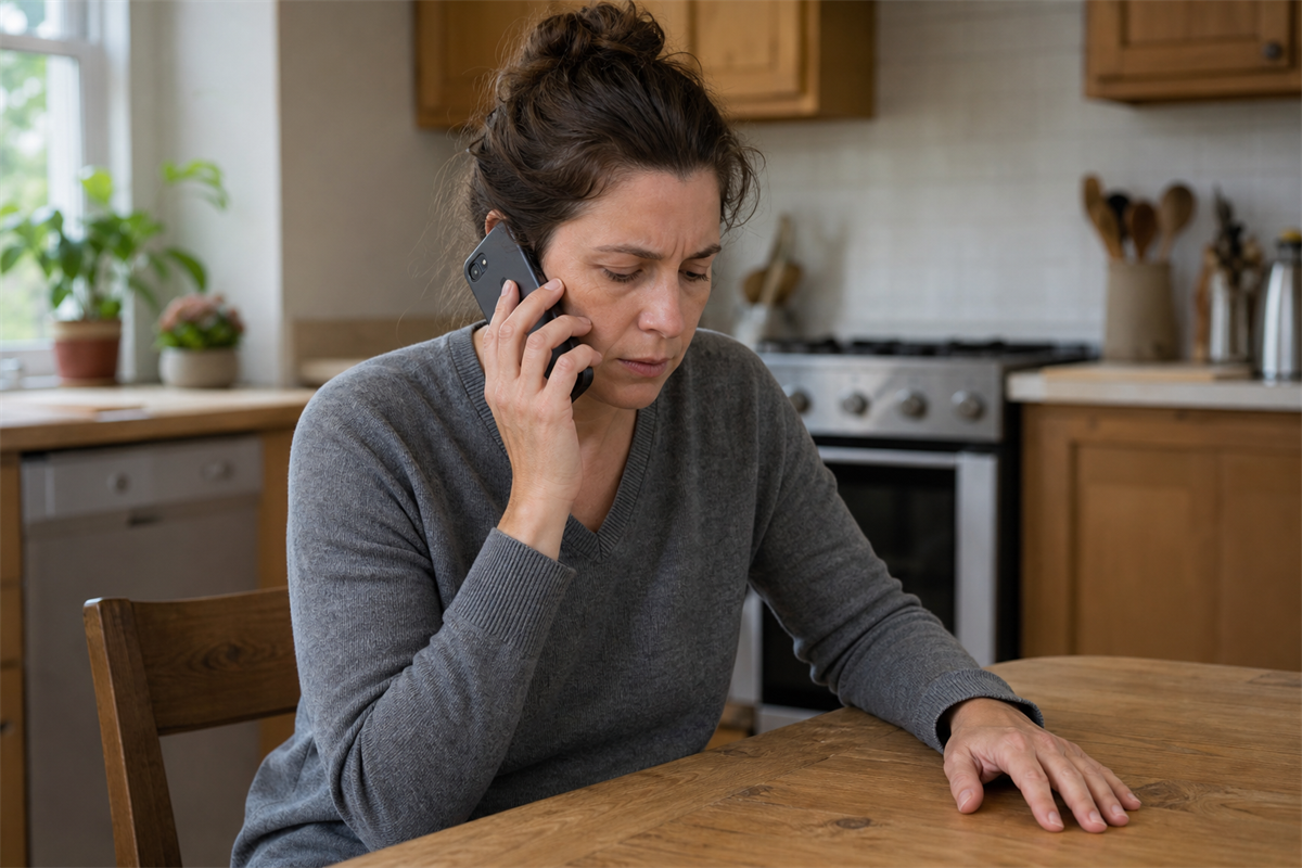 Illustration: Person hält angespannt, aber gefasst ein Telefon ans Ohr, als Sinnbild für einen Schockanruf