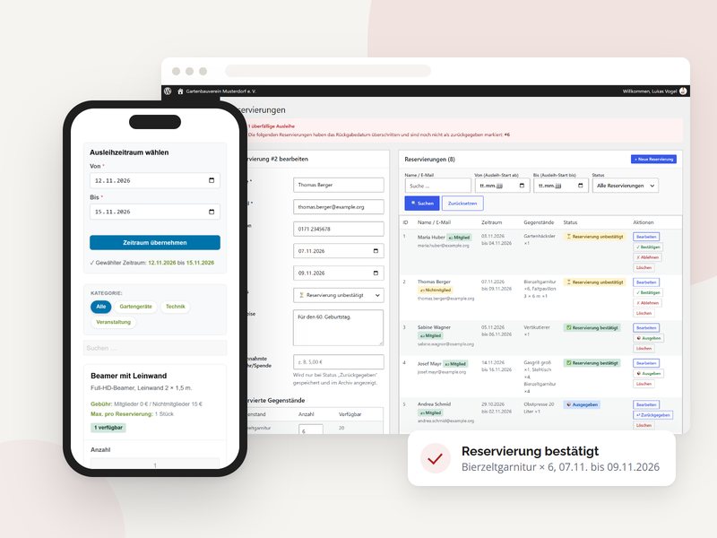 Geräteverleih auf Smartphone und in der WordPress-Verwaltung, mit bestätigter Reservierung